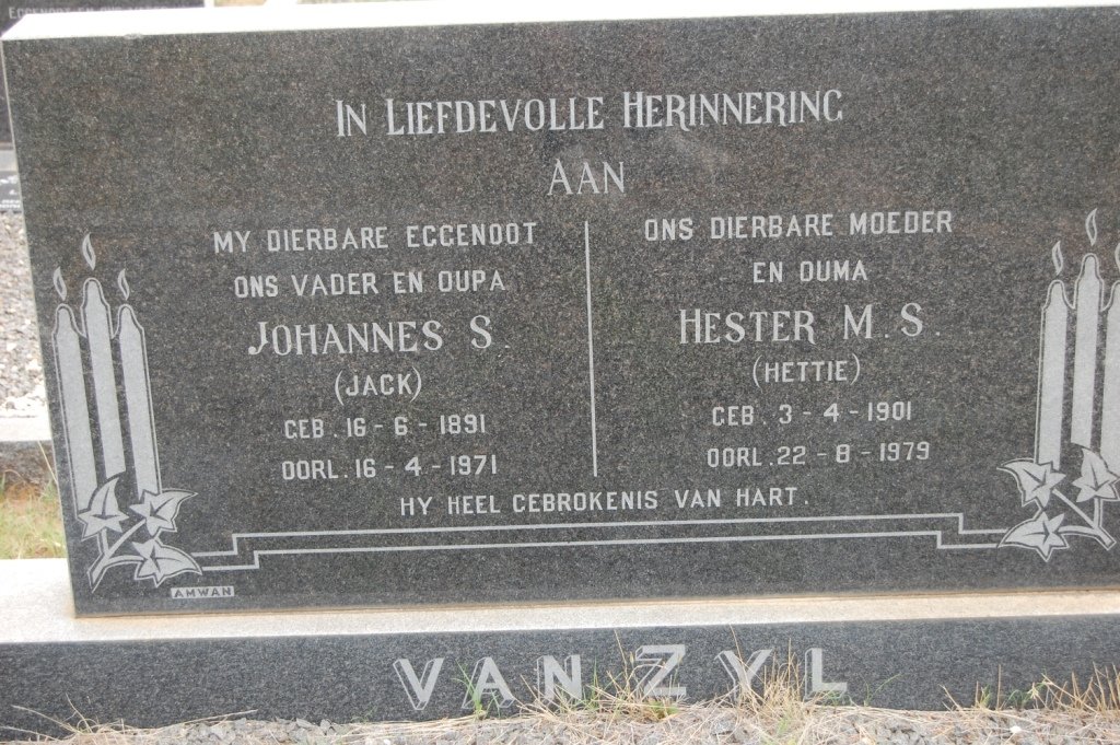 ZYL Johannes S., van 1891-1971 &amp; Hester M.S. 1901-1979