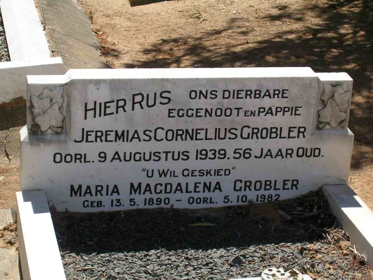 GROBLER Jeremias Cornelius -1939 &amp;  Maria Magdalena  1890-1982