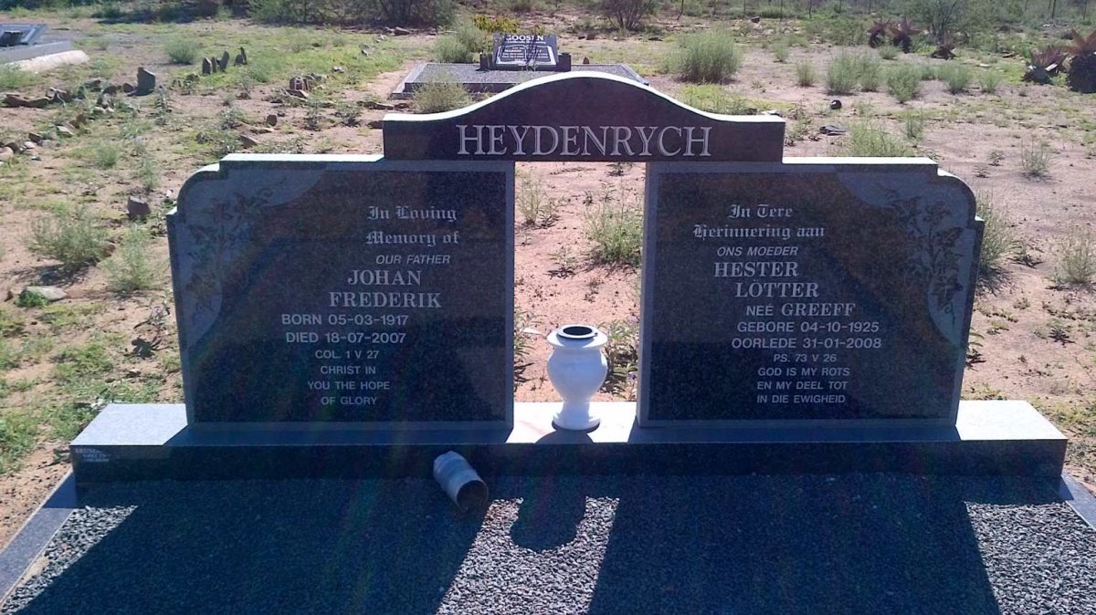 HEYDENRYCH Johan Frederik 1917-2007 &amp; Hester Lötter GREEFF 1925-2008