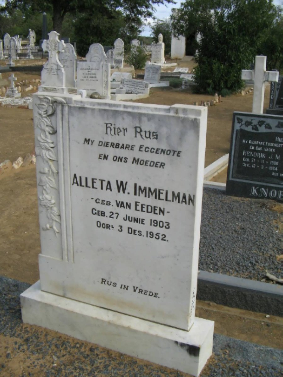 IMMELMAN Aletta W. geb VAN EEDEN 1903-1952