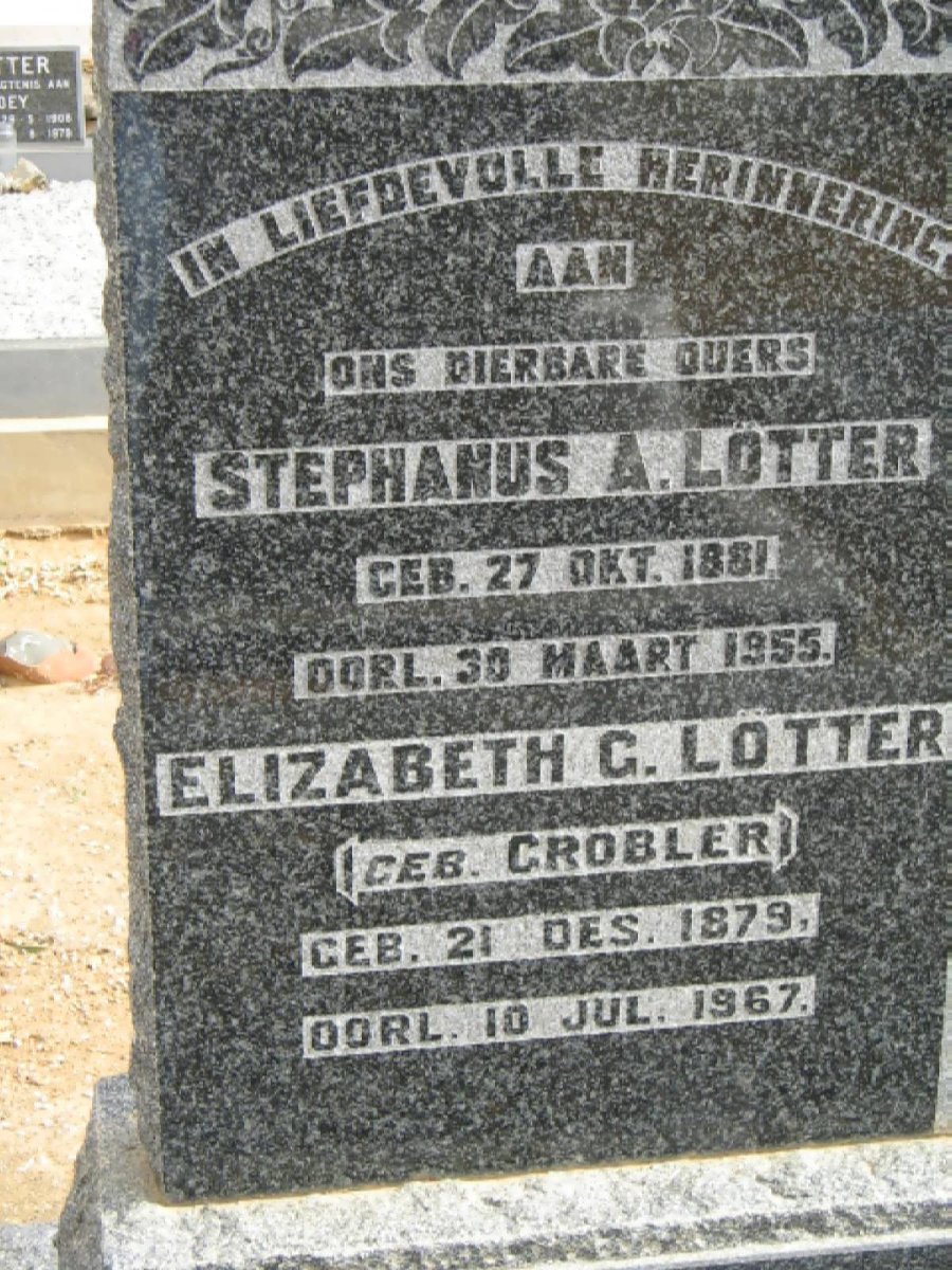 LOTTER Stephanus A. 1881-1955 &amp; Elizabeth G. GROBLER 1879-1967