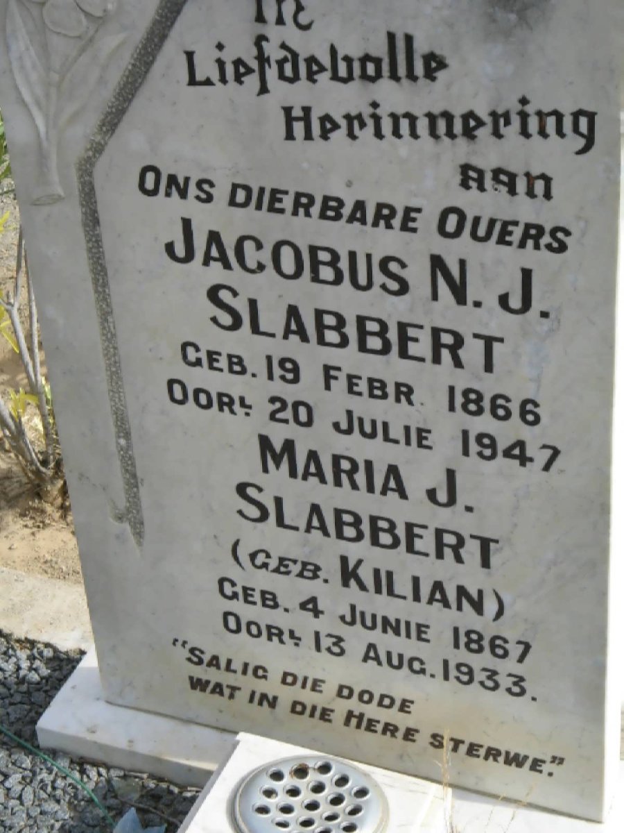 SLABBERT N.J. 1866-1947 &amp; Maria J. KILIAN 1867-1933