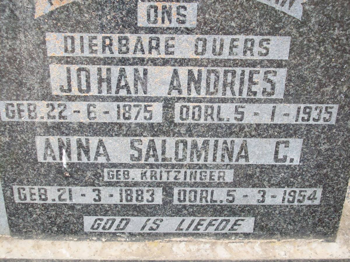 ? Johan Andries 1875-1935 &amp; Anna Salomina C. KRITZINGER 1883-1954