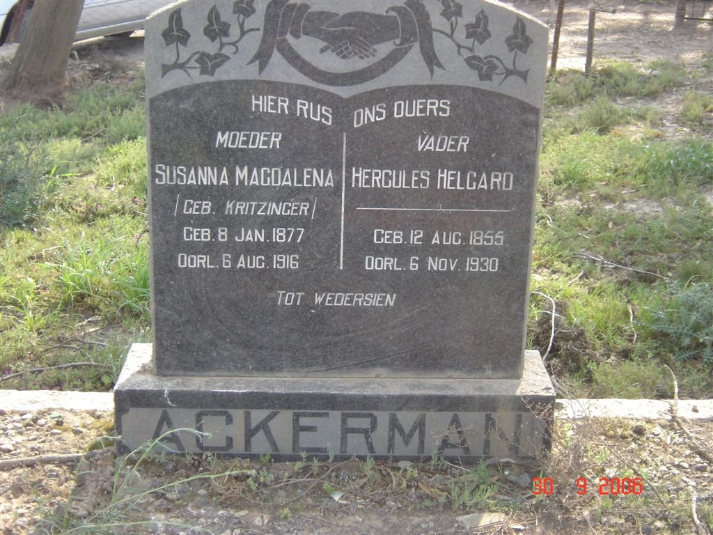 ACKERMAN Hercules Helgard 1855-1930 &amp; Susanna Magdalena KRITZINGER 1877-1916