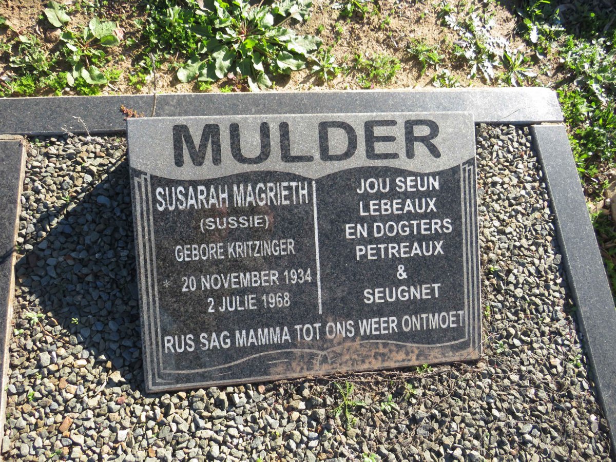 MULDER Susarah Magrieth nee KRITZINGER 1934-1968