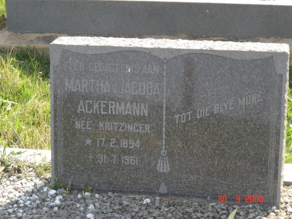 ACKERMANN Martha Jacoba nee KRITZINGER 1894-1961