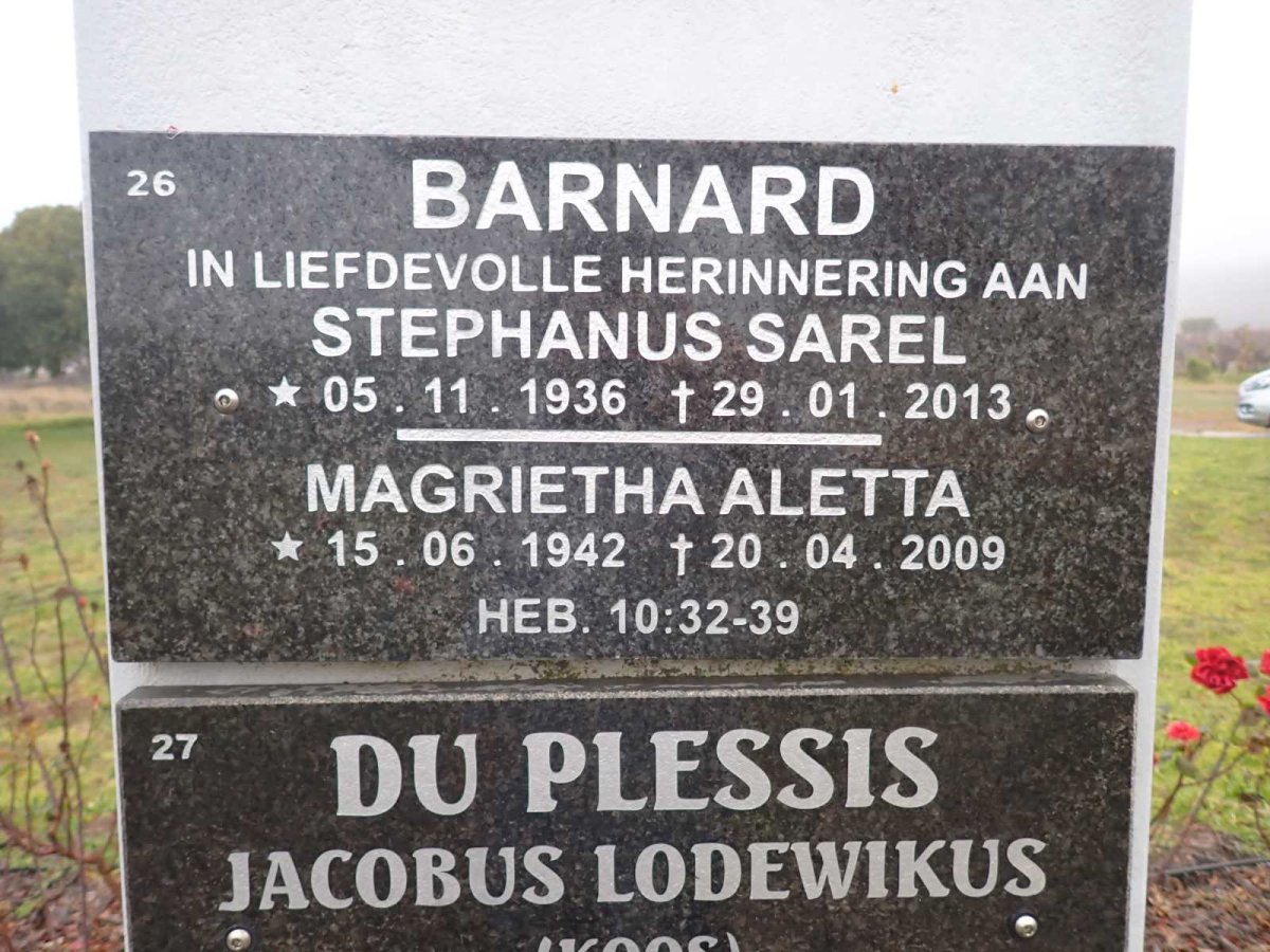 BARNARD Stephanus Sarel 1936-2013 & Magrietha Aletta 1942-2009