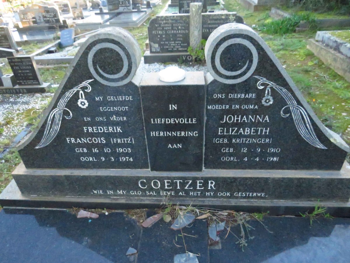 COETZEE Frederik Francois 1903-1974 & Johanna Elizabeth KRITZINGER 1910-1981