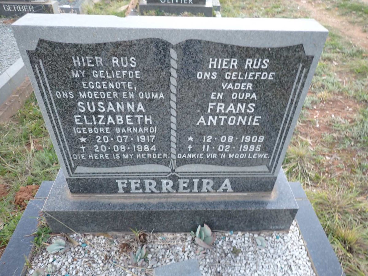 FERREIRA Frans Antonie 1909-1995 & Susanna Elizabeth nee BARNARD 1917-1984