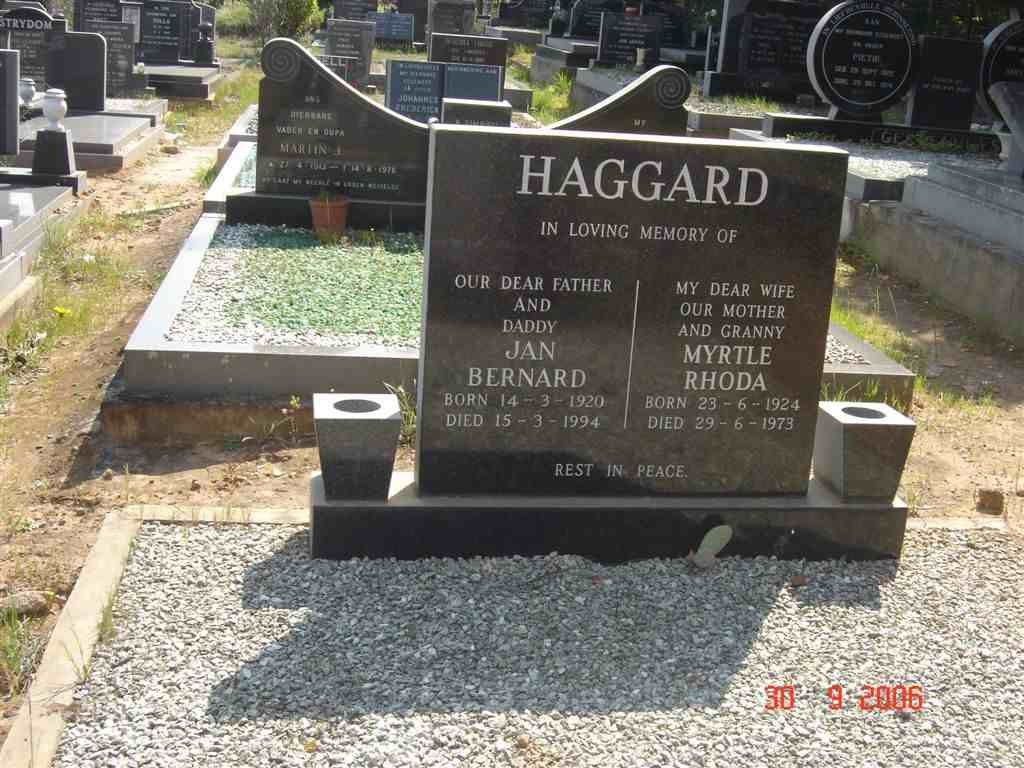 HAGGARD Jan Bernard 1920-1994 &amp; Myrtle Rhoda 1924-1973
