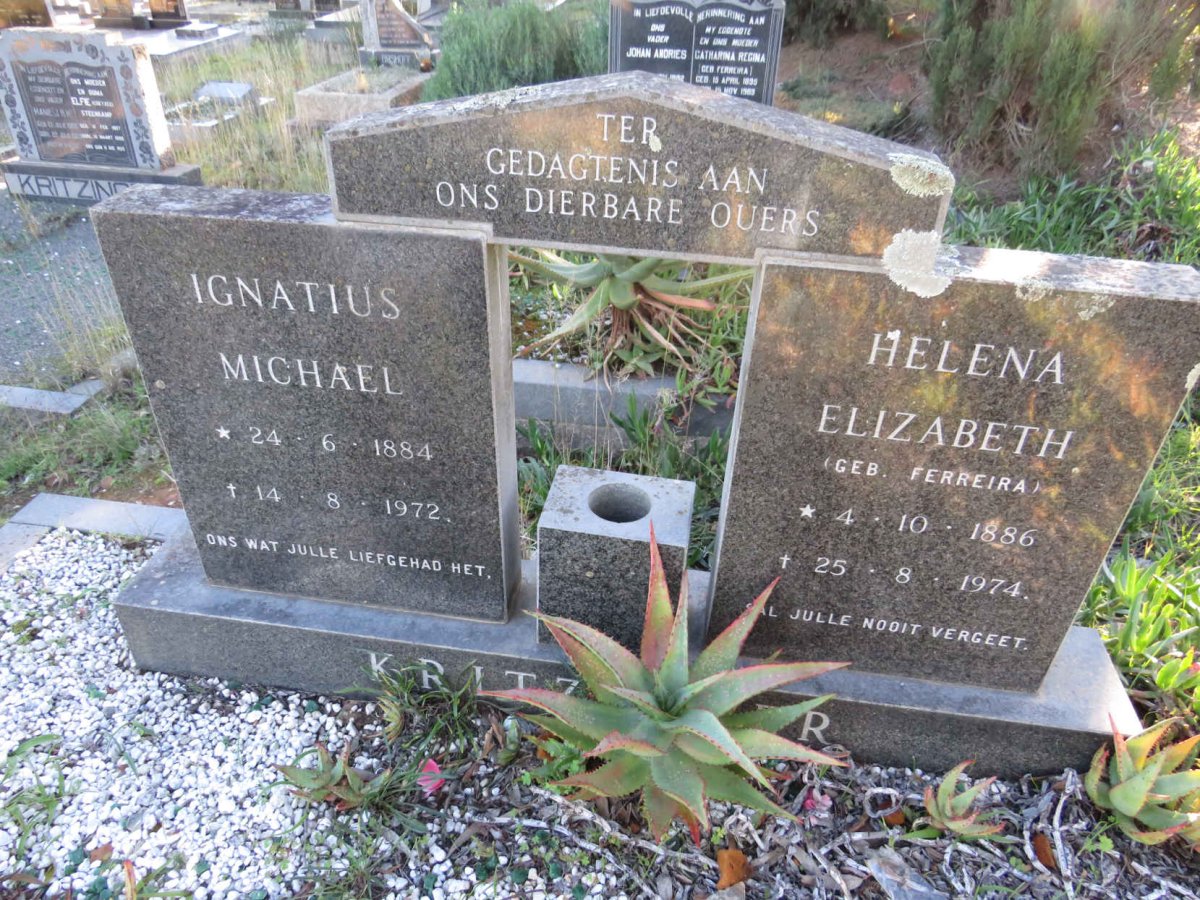 KRITZINGER Ignatius Michael 1884-1972 & Helena Elizabeth FERREIRA 1886-1974