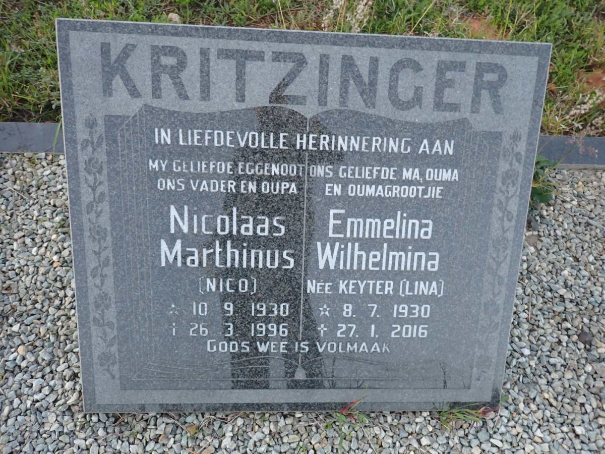 KRITZINGER Nicolaas Marthinus 1930-1996 & Emmelina Wilhelmina KEYTER 1930-2016