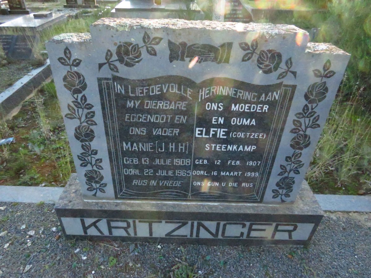KRITZINGER Manie J.H.H. 1908-1965 & Elfie STEENKAMP nee COETZEE 1907-1999