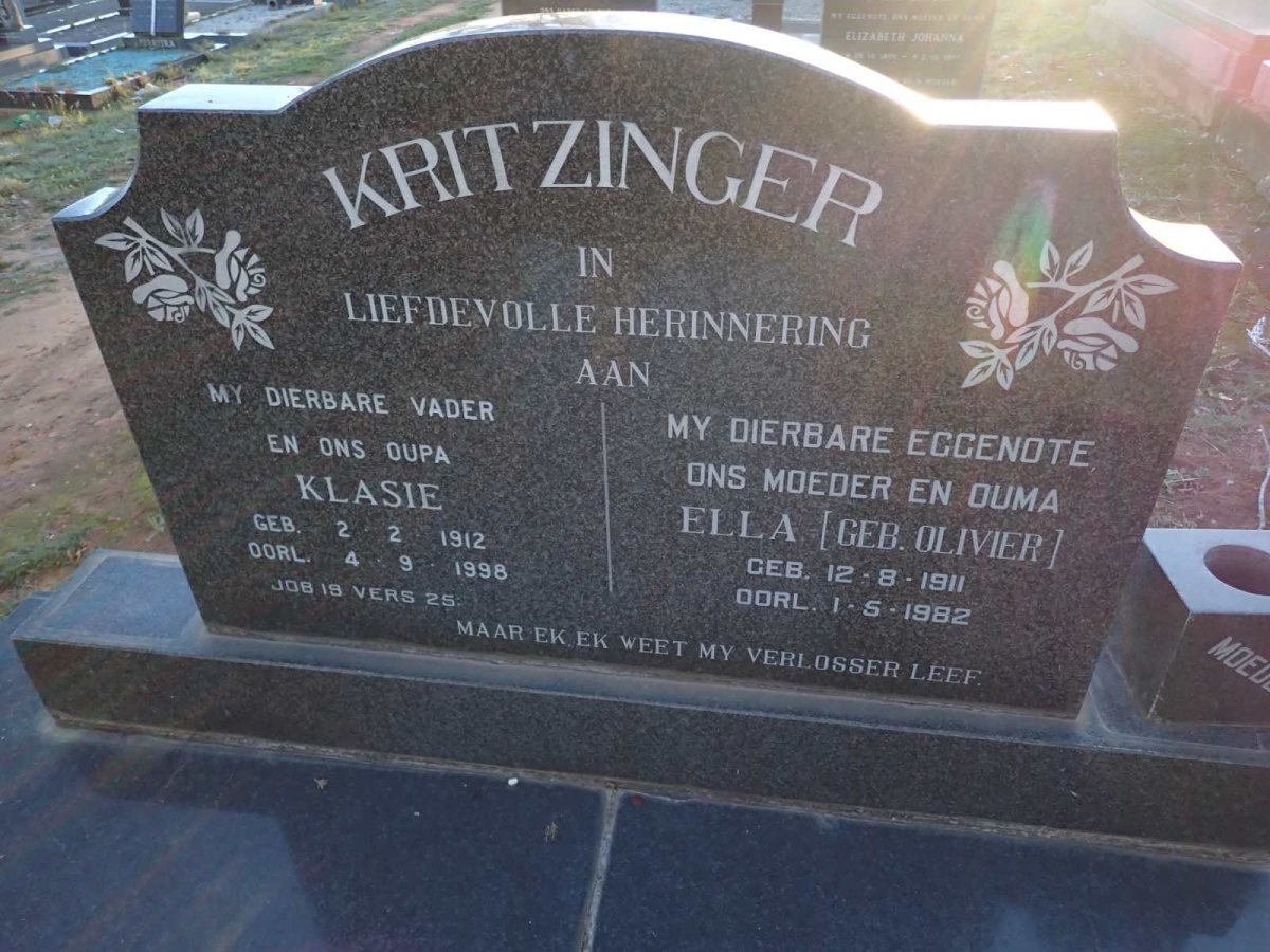 KRITZINGER Klasie 1912-1998 & Ella OLIVIER 1911-1982