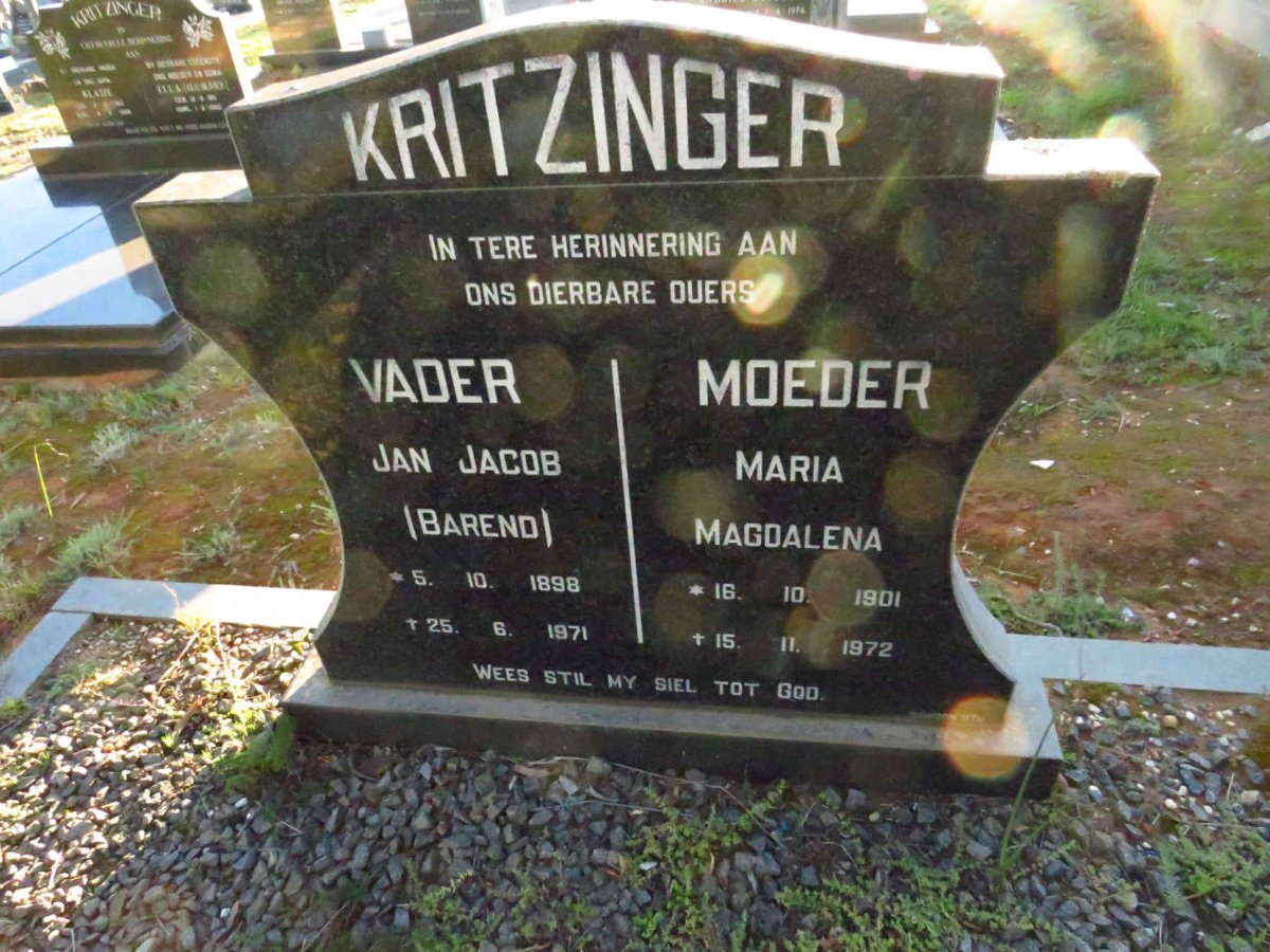 KRITZINGER Jan Jacob 1898-1971 & Maria Magdalena 1901-1972
