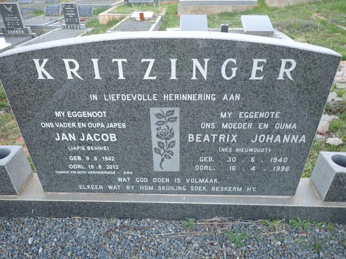 KRITZINGER Jan Jacob 1942-2012 & Beatrix Johanna NIEUWOUDT 1940-1996