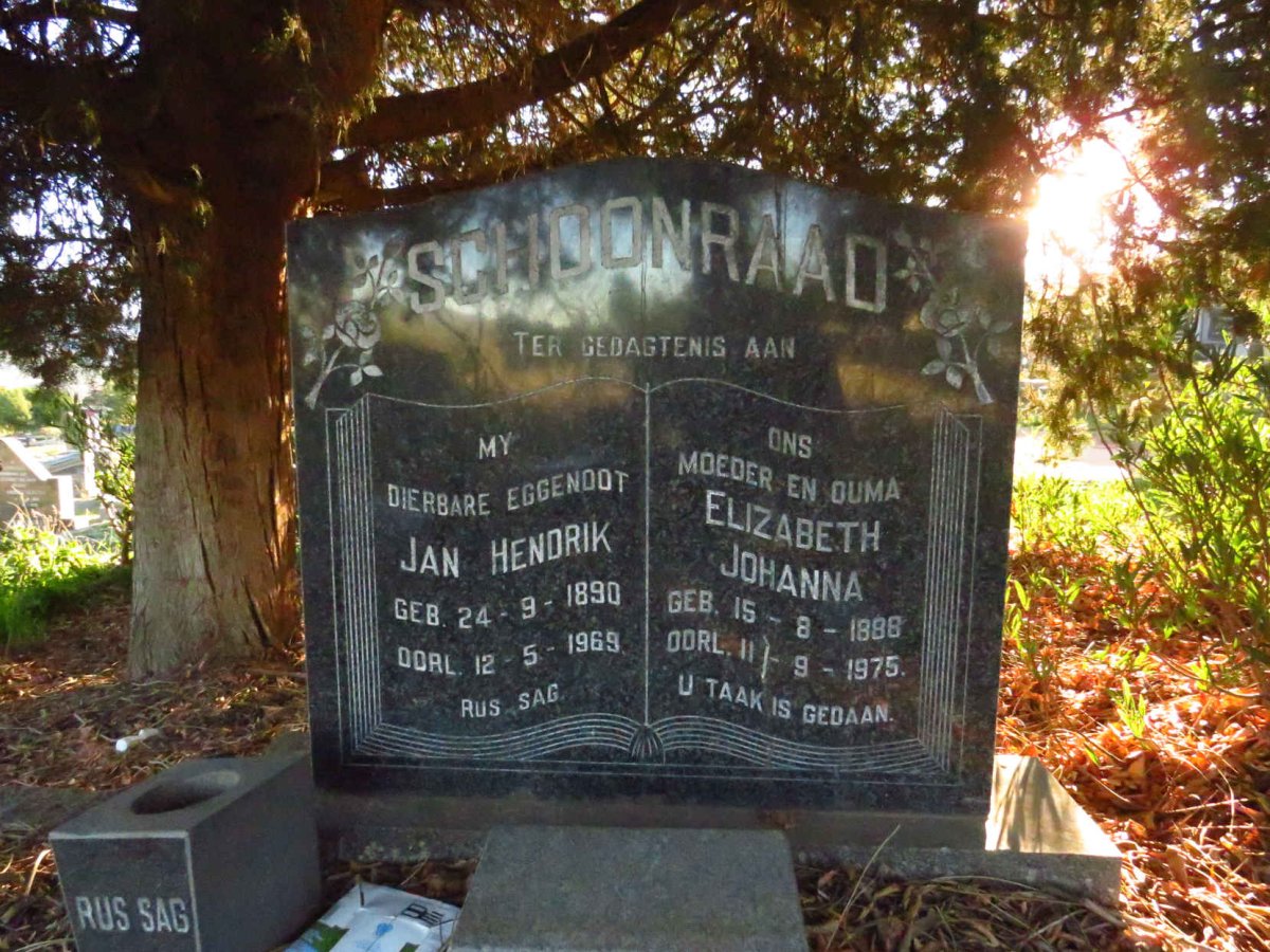 SCHOONRAAD Jan Hendrik 1890-1969 & Elizabeth Johanna 1888-1975