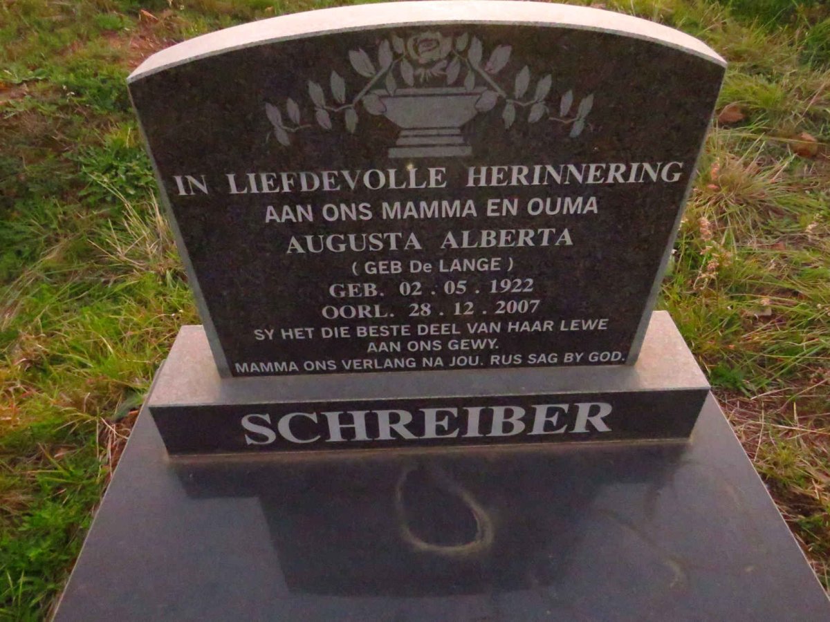 SCHREIBER Augusta Alberta nee DE LANGE 1922-2007
