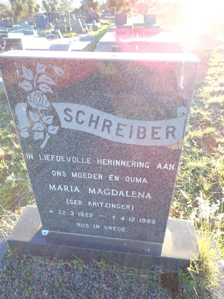SCHREIBER Maria Magdalena nee KRITZINGER 1922-1989