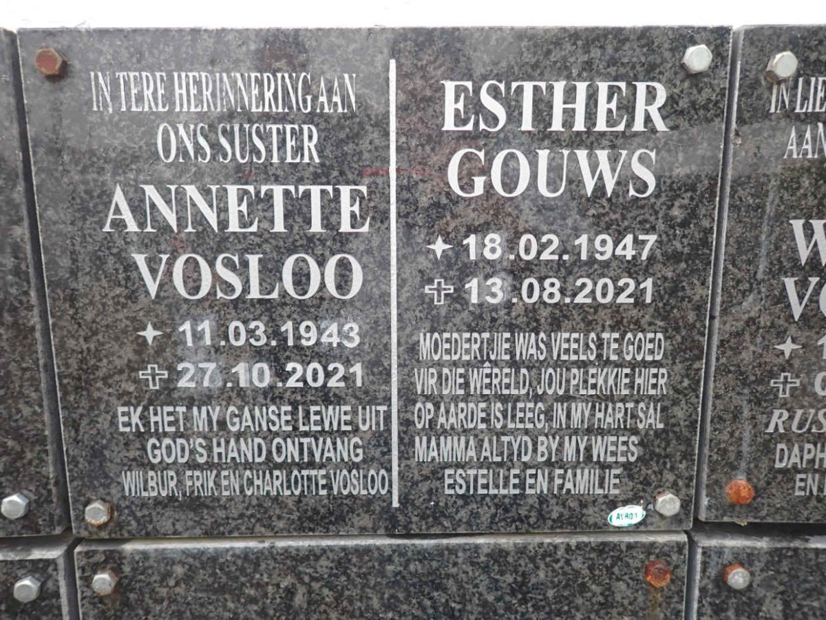 VOSLOO Annette 1943-2021 :: GOUWS Esther 1947-2021