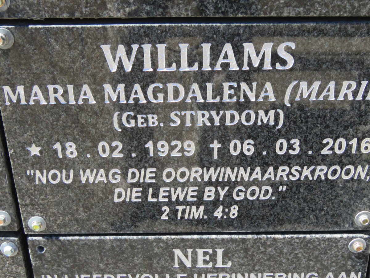 WILLIAMS Maria Magdalena nee STRYDOM 1929-2016