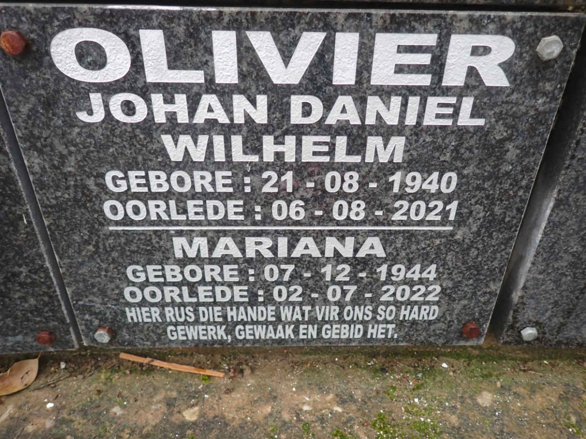 OLIVIER Johan Daniel Wilhelm 1940-2021 &amp; Mariana 1944-2022