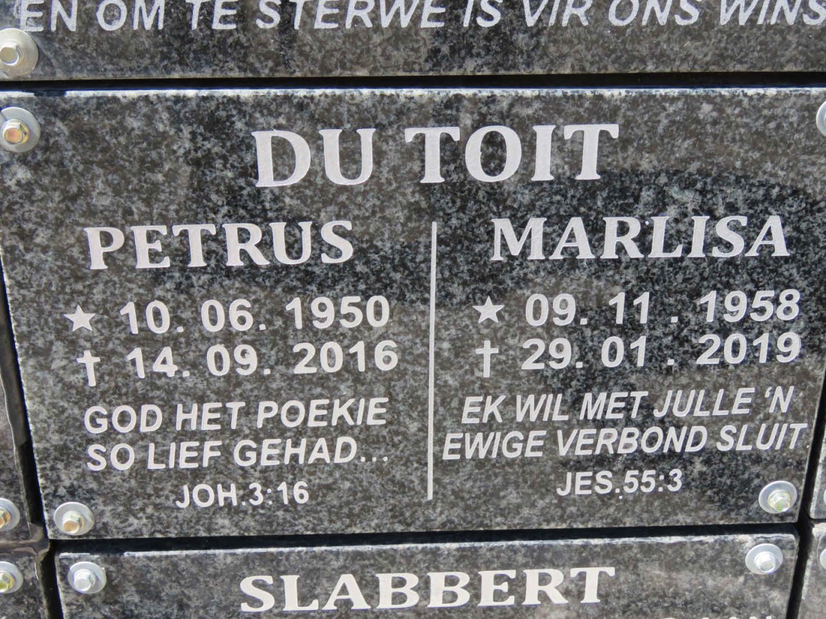 TOIT Petrus, du 1950-2016 &amp; Marlisa 1958-2019