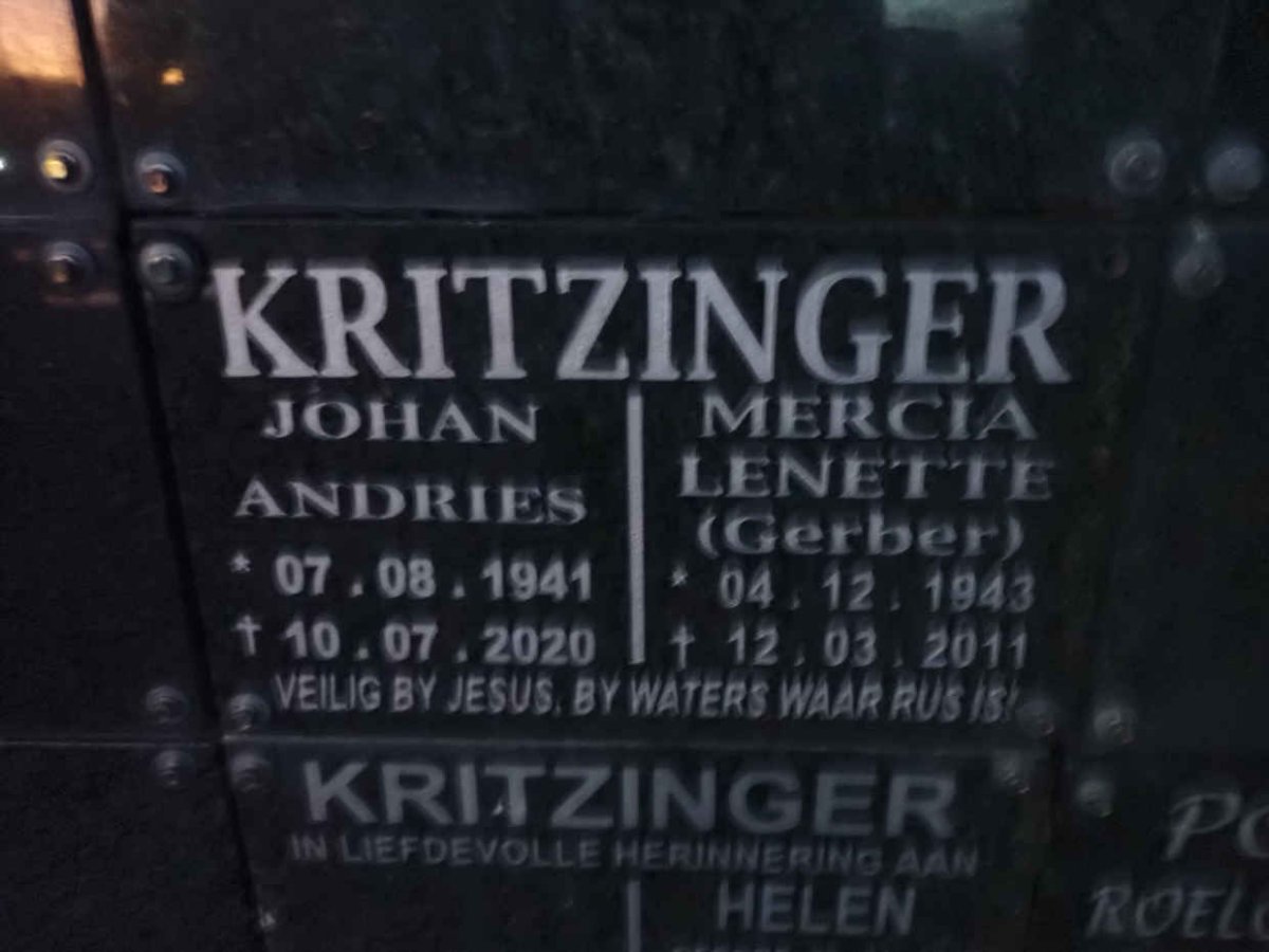 KRITZINGER Johan Andries 1941-2020 &amp; Mercia Lenette GERBER 1943-2011