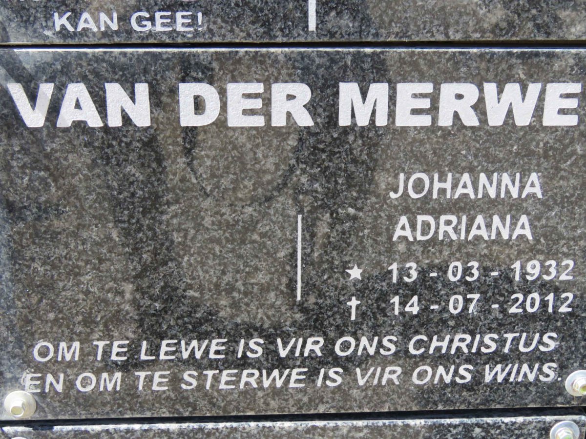MERWE Johanna Adriana, van der 1932-2012