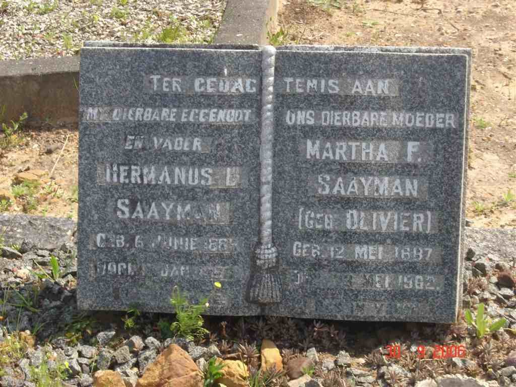 SAAYMAN Hermanus L. 1885-1960 &amp; Martha F. OLIVIER 1887-1962