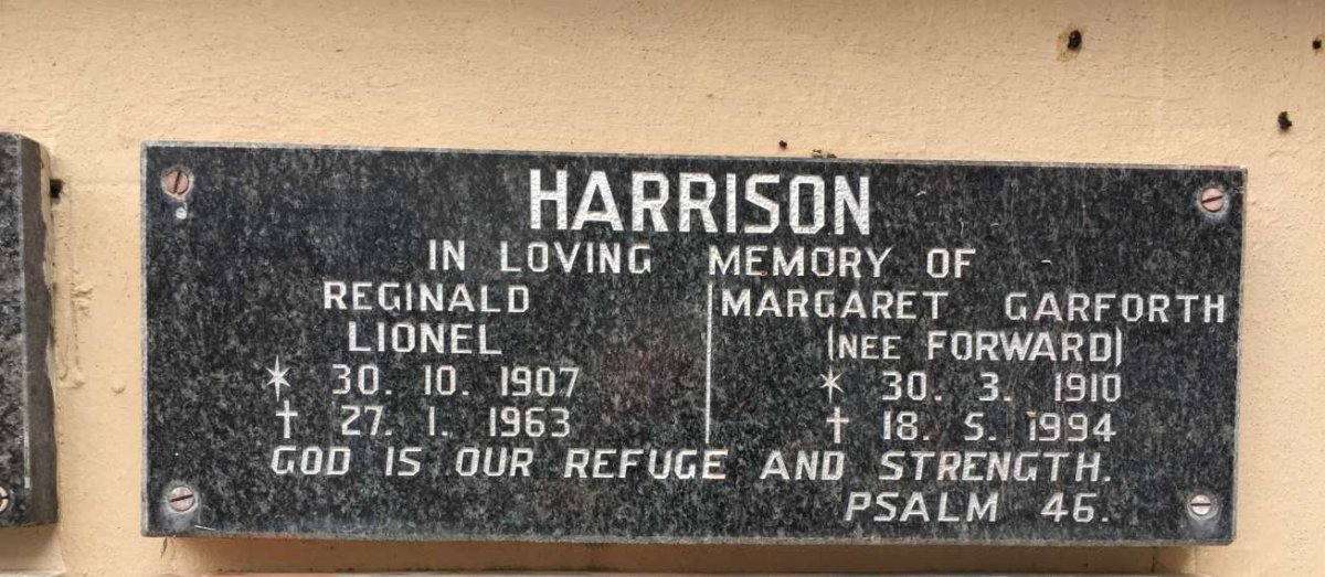 HARRISON Reginald Lionel 1907-1963 &amp; Margaret Garforth FORWARD 1910-1994