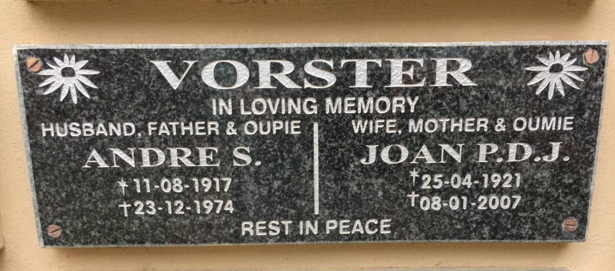 VORSTER Andre S. 1917-1974 &amp; Joan P.D.J. 1921-2007
