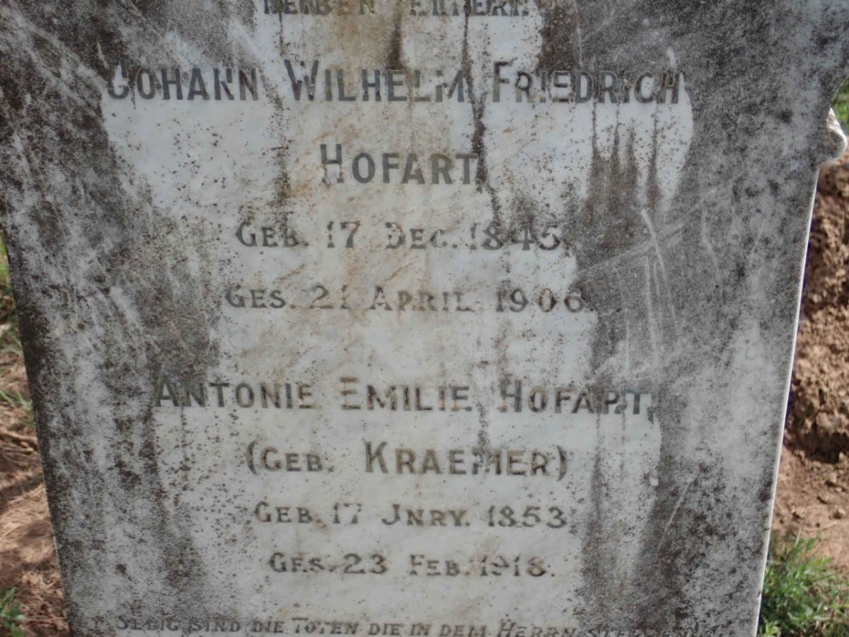HOFART Johann Wilhelm Friedrich 1845-1906 &amp; Antonie Emily KRAEMER 1853-1918