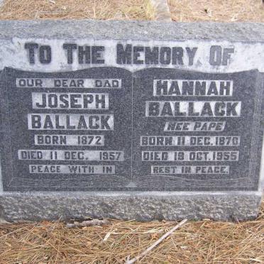 BALLACK Joseph 1872-1957 &amp; Hannah PAPE 1870-1955