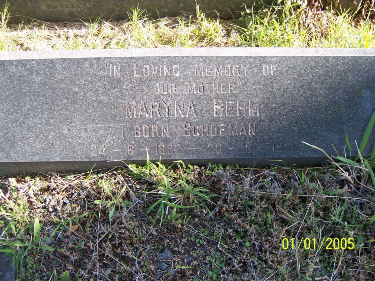BEHM Maryna nee SCHOEMAN 1892-1968