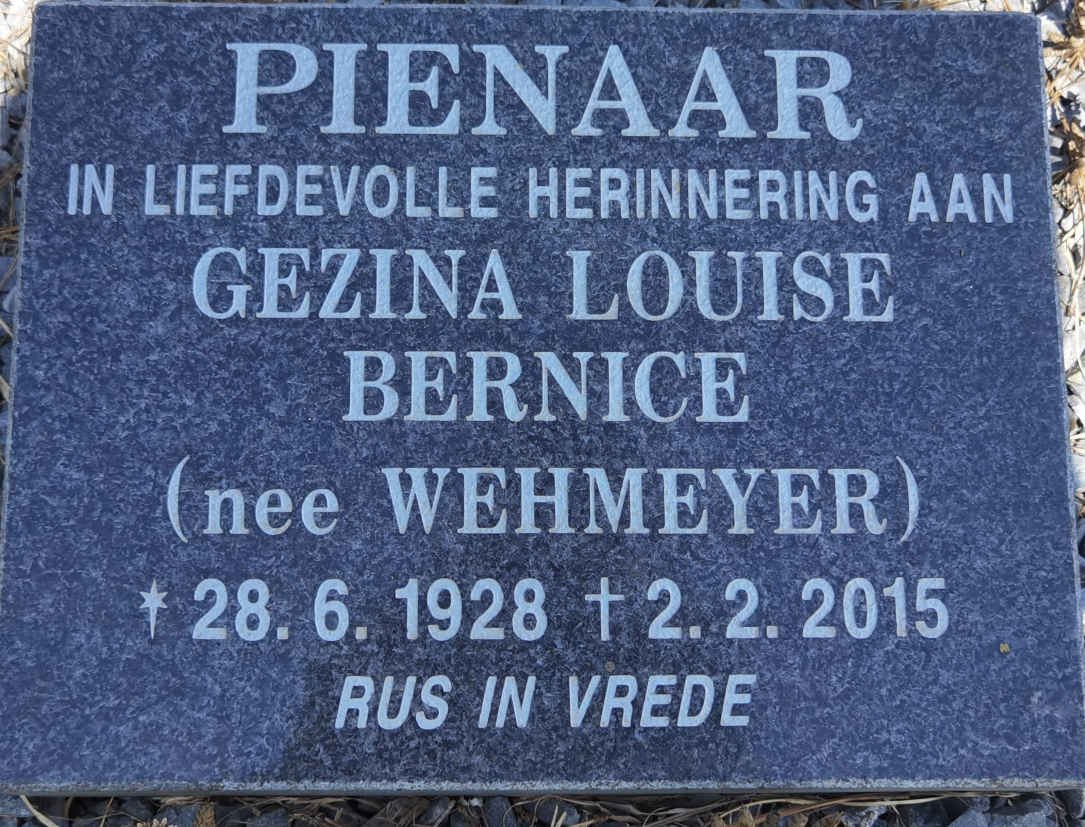 PIENAAR Gezina Louise Bernice nee WEHMEYER 1928-2015