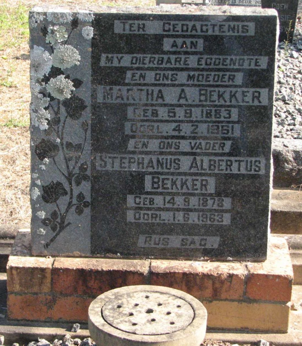 BEKKER Stephanus Albertus 1878-1963 &amp; Martha A. 1883-1951
