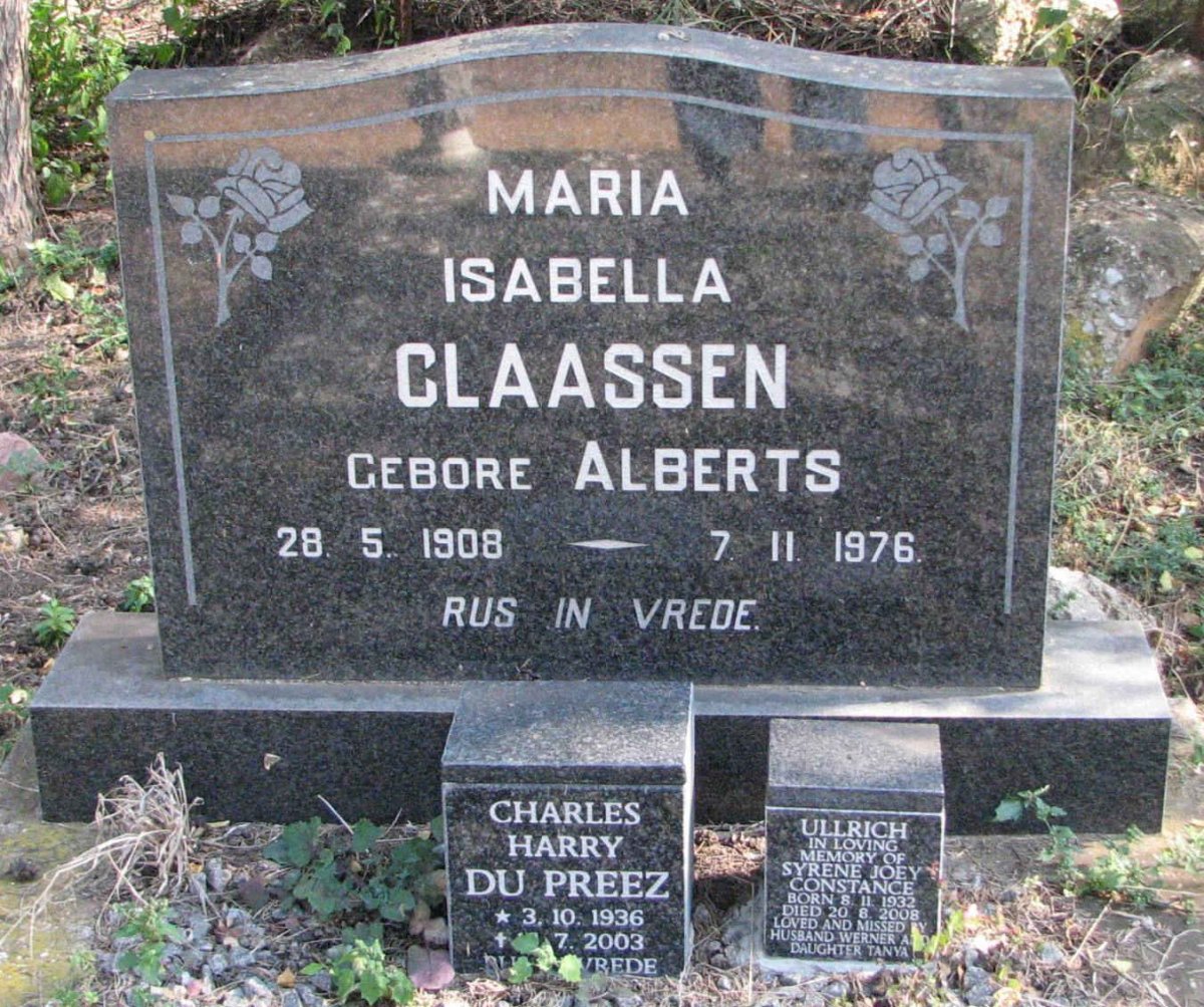 CLAASSEN Maria Isabella nee ALBERTS 1908-1976 :: ULLRICH  Syrene Joey Constance 1932-2008