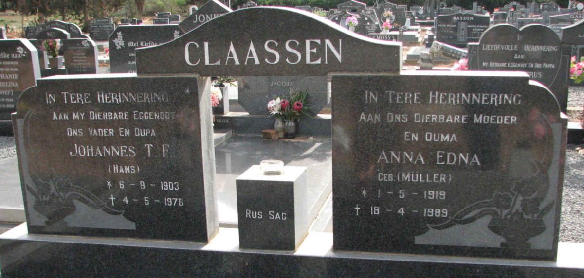 CLAASSEN Johannes T.F. 1903-1976 &amp; Anna Edna MULLER 1919-1989