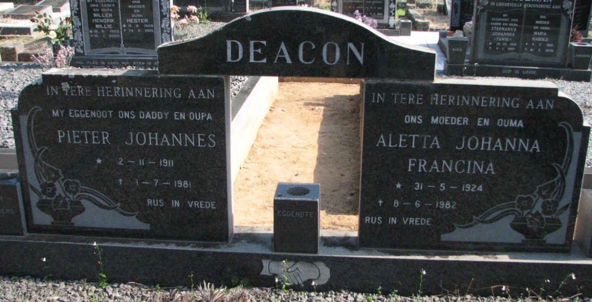 DEACON Pieter Johannes 1911-1981 &amp; Aletta Johanna Francina 1924-1982