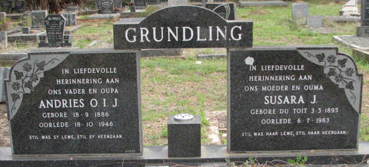 GRUNDLING Andries O.I.J. 1886-1946 &amp; Susara J DU TOIT 1895-1983