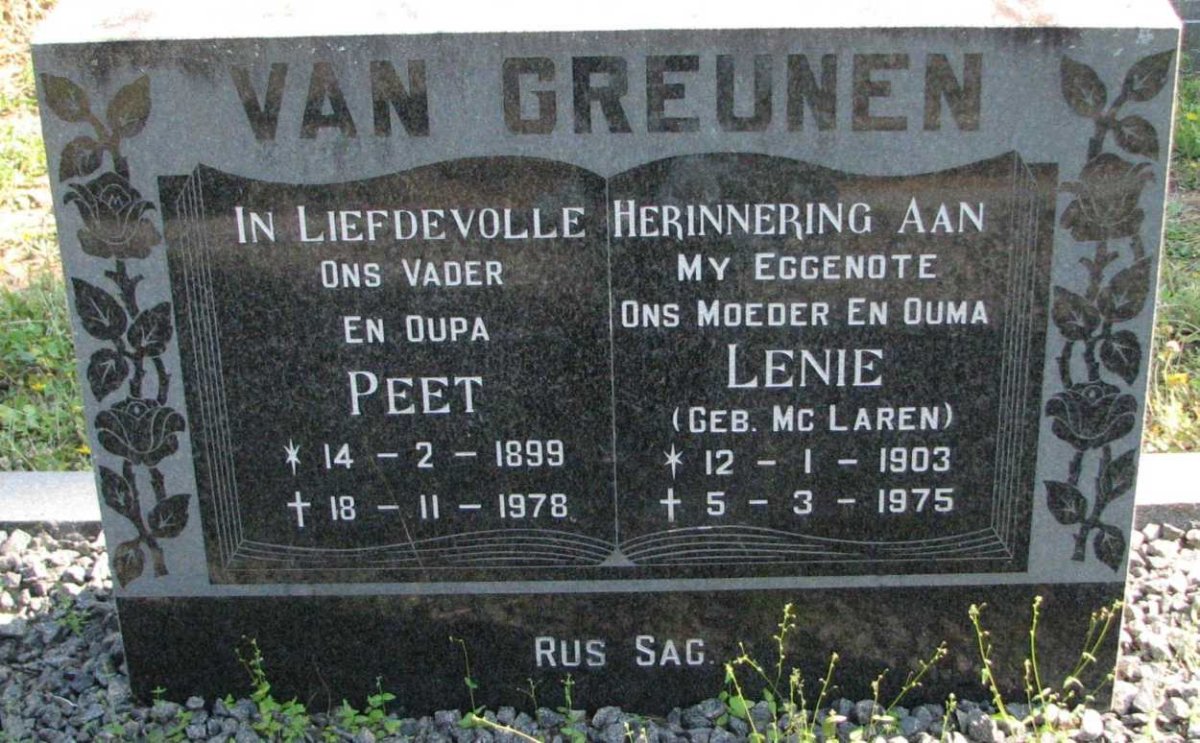 GREUNEN Peet, van 1899-1978 &amp; Lenie McLAREN 1903-1975