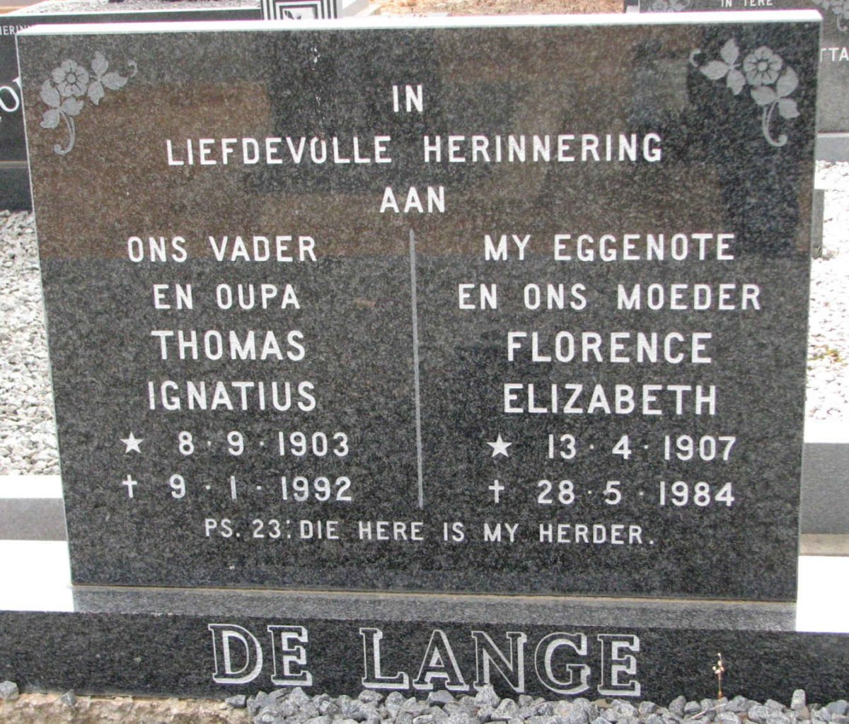 LANGE Thomas Ignatius, de 1903-1992 &amp; Florence Elizabeth 1907-1984
