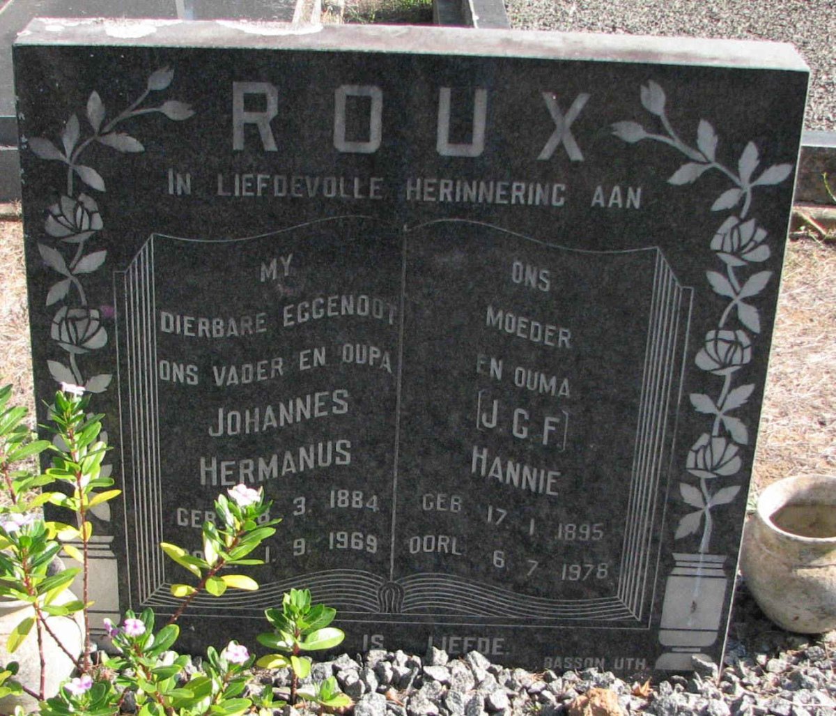 ROUX Johannes Hermanus 1884-1969 &amp; J.C.F. 1895-1978
