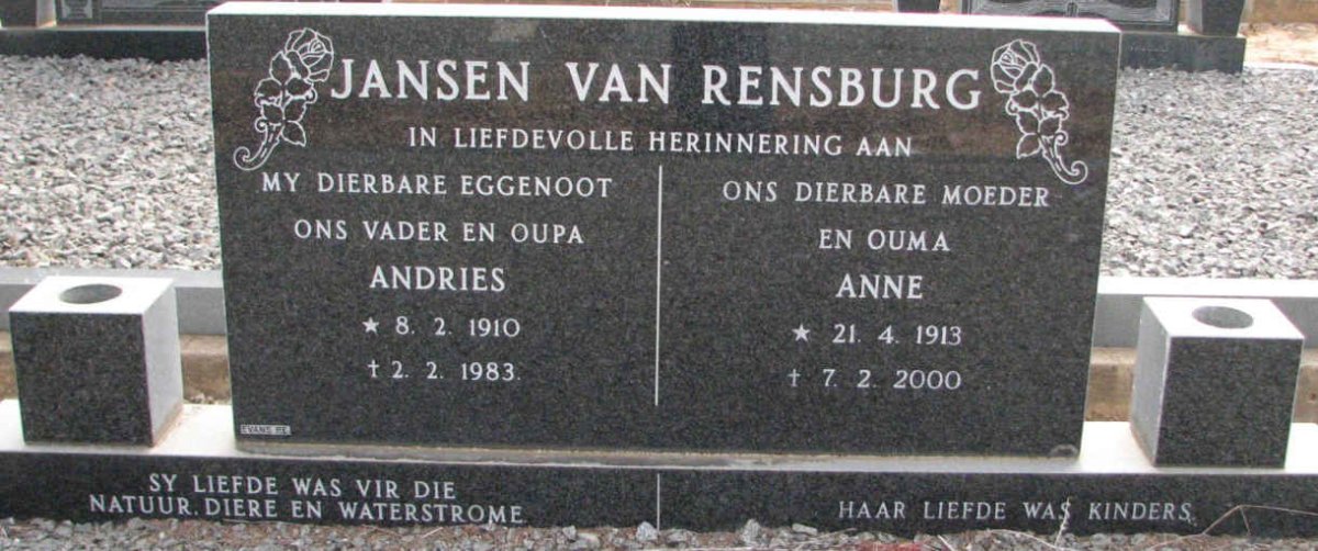 RENSBURG Andries, Jansen van 1910-1983 &amp; Anne 1913-2000