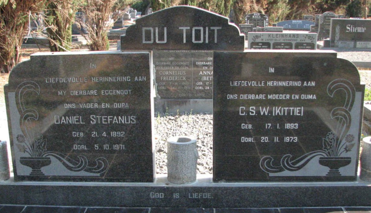 TOIT Daniel Stefanus, du 1892-1971 &amp; C.S.W. 1893-1973