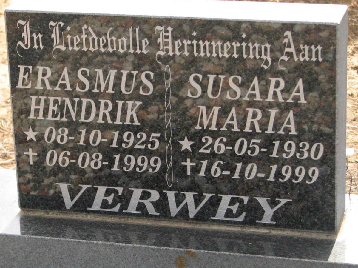 VERWEY Erasmus Hendrik 1925-1999 &amp; Susara Maria 1930-1999