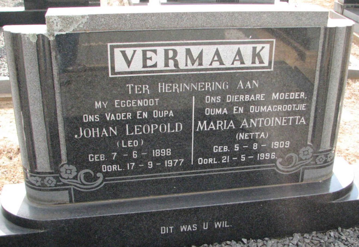 VERMAAK Johan Leopold 1898-1977 &amp; Maria Antoinetta 1909-1996
