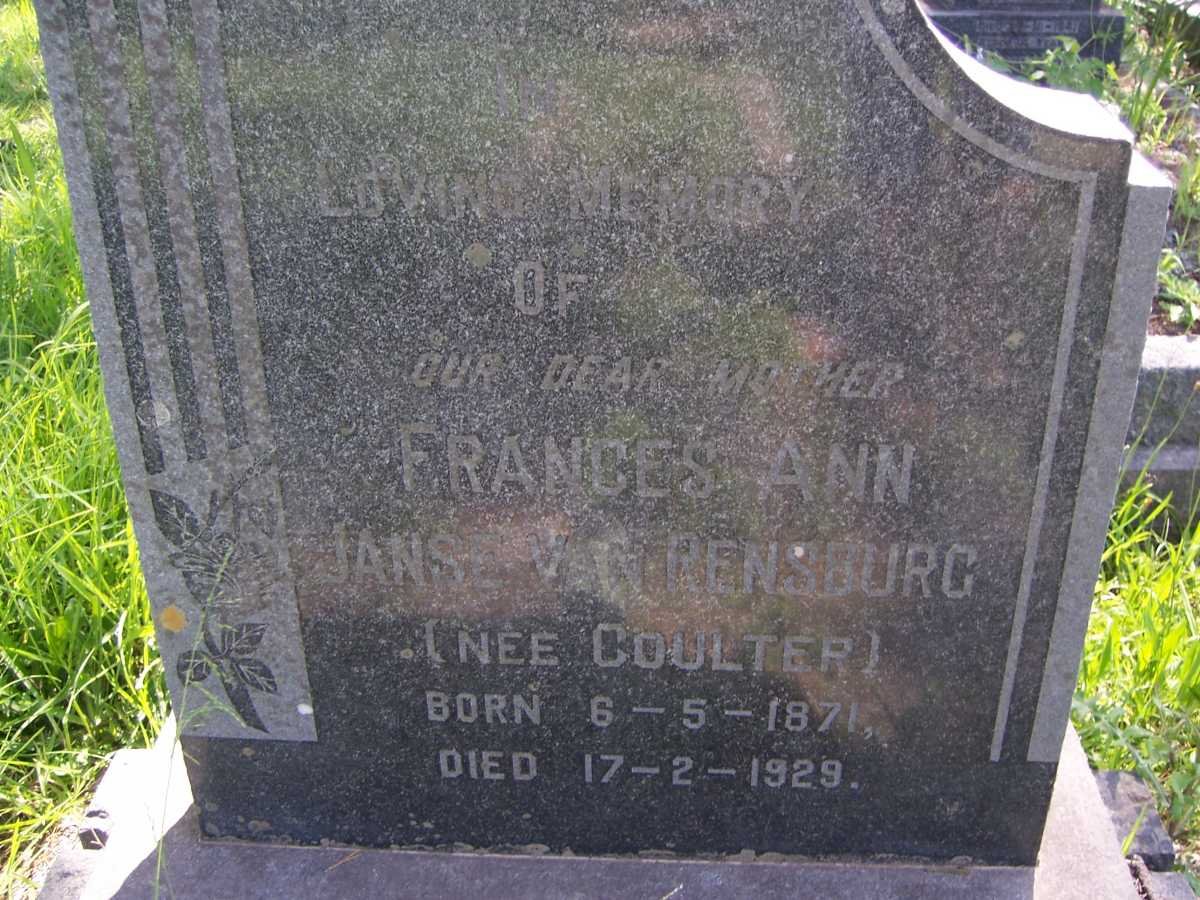 RENSBURG Frances Ann, Janse van nee COULTER 1871-1929