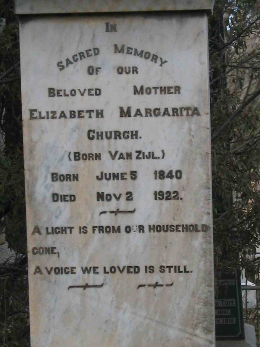CHURCH Elizabeth Margarita nee VAN ZIJL 1840-1922